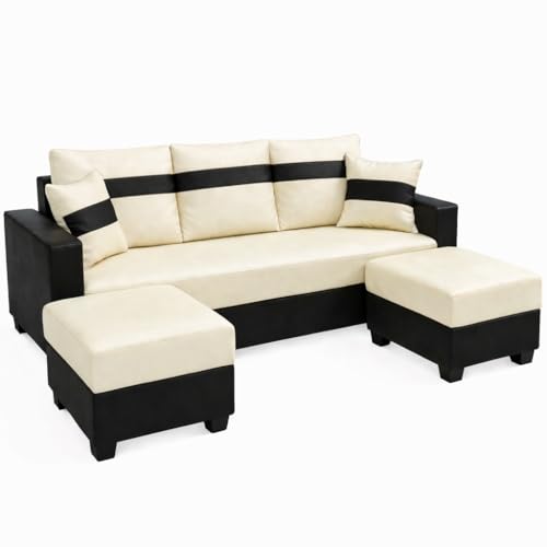 Image of SOCOZI Bastian 5 Seater L Shape Sofa Set with 2 Movable Ottomans | Flexible Layout | Premium Leatherette with Golden Metal Legs |Sofa for Living Room (Cream-Black) | Breathable Material