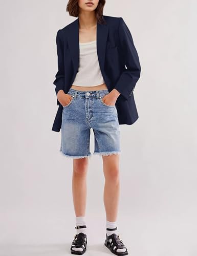 Women Casual Oversized Blazers Bow Tie Blazer Suit Lapel Open Front Office Blazer Jacket Button Down Work Cardigan Dark Blue2