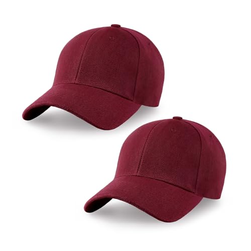 2-Pack Classic Structured Baseball Cap Adjustable Snapback Multipack Ball Caps for Custom Embroidery Running Workouts Outdoor (Burgundy 2)