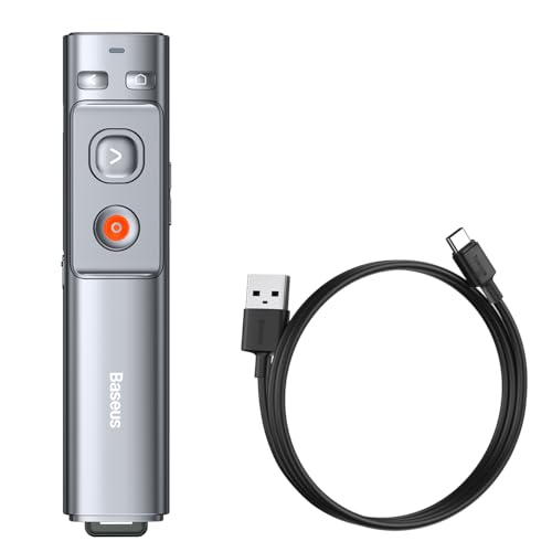 Baseus Orange Dot Wireless Presenter with Red Laser Rechargeable Presentation Clicker with USB A/C Receiver 100m Range for PowerPoint Keynote Windows Mac - Grey