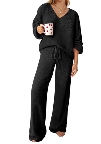 GKBK Womens 2 Piece Outfits Knit Pajama Sweater Sets Fuzzy Fleece Long Sleeve Top Wide Leg Pants Loungewear Matching Lounge Set 2026 Fall Winter Trendy Outfits Black M