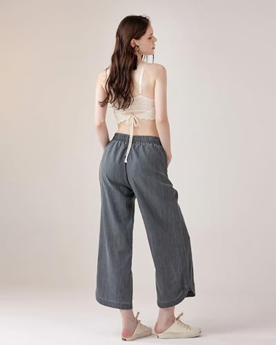 noflik Women's Cotton Drawstring Cropped Wide Leg Pants with Elastic Waist4