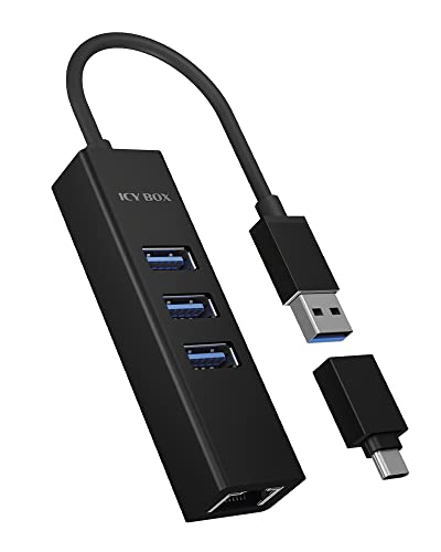 ICY BOX IB-HUB1419-LAN Aluminium USB HUB with 3 USB 3.0 Ports and RJ45 Gigabit Ethernet Network Adapter, Integrated Type-A Cable with USB C Adapter for Windows and Mac OS X