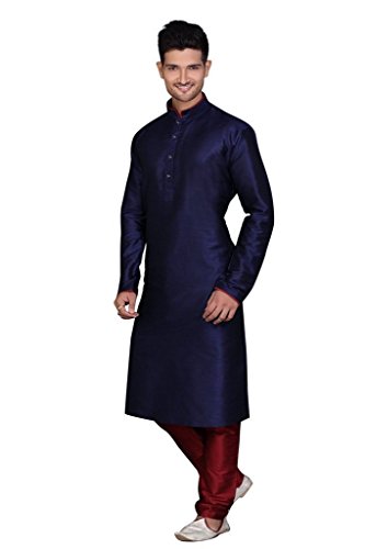 Kurta para hombre azul marino Conjunto Churidaar de seda ma-2 2