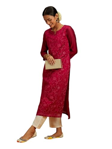 Image of Libas Womens Embroidered Silk Blend Straight Kurta for Women | Ethnic wear | Bridal Suit | Wedding Dress | Occasion wear