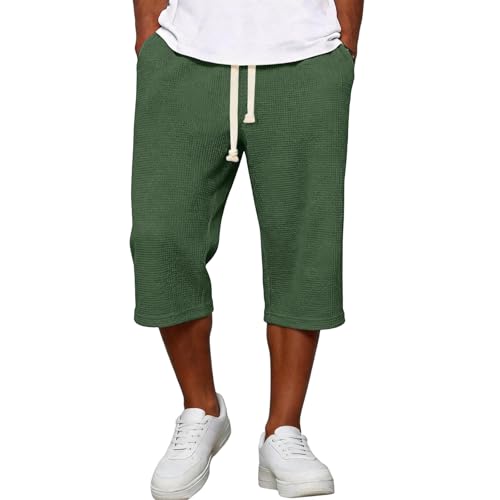 Baggy Jorts Men Waffle Knit Elastic Waist Capri Drawstring Pants Summer Below Knee Big and Tall Fishing SweatShorts Pantalones Cortos Deportivos para Hombre Pull On Capris with Pockets
