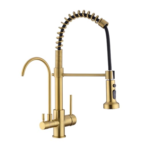 GICASA Grifo de cocina comercial 3 en 1 de oro cepillado con resorte, grifo de fregadero de cocina con rociador de un solo agujero, sistema RO integrado en el grifo de cocina