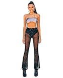 Women Rave Mesh Sheer Pants Flared Bell Bottom Pants for Dance Festival Clubwear Black