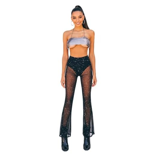 Women Rave Mesh Sheer Pants Flared Bell Bottom Pants for Dance Festival Clubwear Black