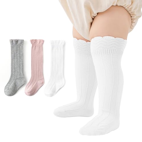 Zando Baby Stockings Organic Cotton Knee High Long Tube Socks for Toddlers Preemie Infant Newborn Solid Colors & Ruffle Cuffs, Stretchy All Seasons Breathable Toddler Girl Socks 2T-3T White/Pink/Gray