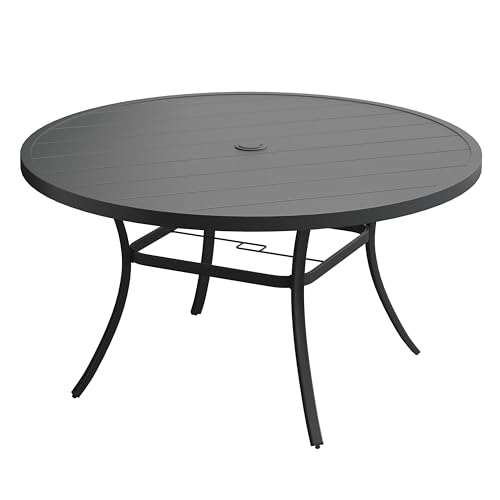 Image of VICLLAX 60 inch Outdoor Round Patio Table for Lawn Garden, All Weather Metal Round Patio Dining Table with Adjustable Umbrella Hole, Outdoor Table for 8-10 Person, Black Tabletop