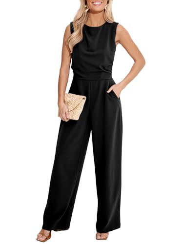 CUPSHE Damen Jumpsuit Rundhals Ärmellos Overall Plissee Weite Beine Playsuit mit Taschen Elegant Hosenanzug