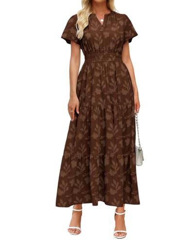 Image of Women's Maxi Dresses Boho Burnout V Neck Short Puff Sleeve Smocked Empire Waist Long Wedding Guest Semi Formal Dress Pockets