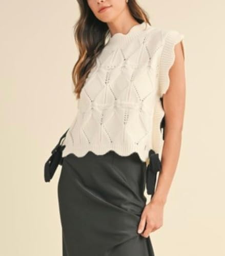 Image of Women Side Tie Sweater Vest Scallop Trim Mock Neck Knit Vest Bow Lace Up Ribbon Sweater Tank Top Knitwear