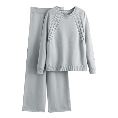 Conjunto de casa cálido de punto para mujer - Pijama de punto con jacquard + pantalones palazzo de un solo color elegante, conjunto de punto acanalado de manga larga, chándal de gran tamaño Y2K, traje