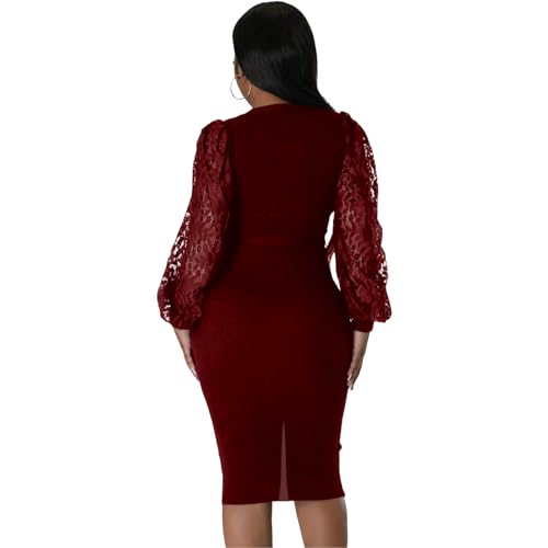 Image of BOGURST Semi Formal Church Dresses for Women Bishop Sleeve Sexy V Neck Bodycon Midi Dresses