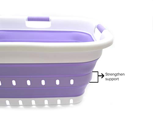 Image of SAMMART Collapsible 3 Handled Plastic Laundry Basket - Foldable Pop Up Storage Container /Organizer - Portable Washing Tub - Space Saving Hamper /Basket (3 handled rectangular, White /Lt. Purple)