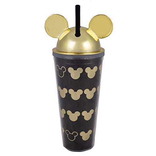 Disney Mickey Mouse Acrylic Travel Cup with Straw - Black with Gold Ear Design and Lid - 22 oz