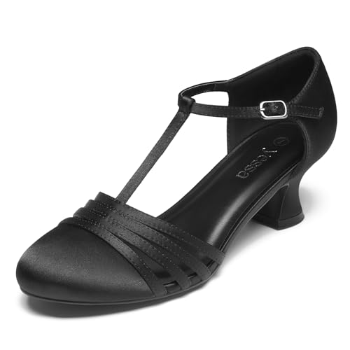 YESSA Character Shoes for Women Leather/Satin T-Strap 1920s Shoes 2/2.5 Ballroom Dance Shoes for Latin Salsa Tango Flamenco Black