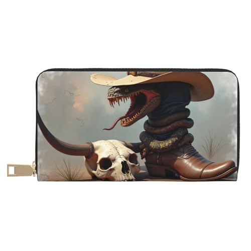 Retro Brown Cowboy Snake Print Wallet Women, Leather Bifold Multi Card Wallet, Long Purse Women's Wallets