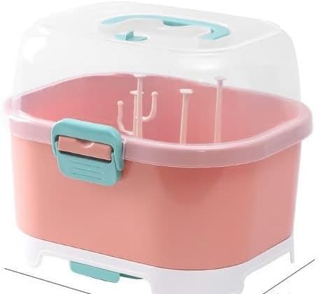 Baby Bottle Drying Rack Storage, Large Nursing Bottle Storage Box Organizer, Portable Nursing Bottle Storage Box, Nursing Cutlery Box Container with Cover for Home(Pink)