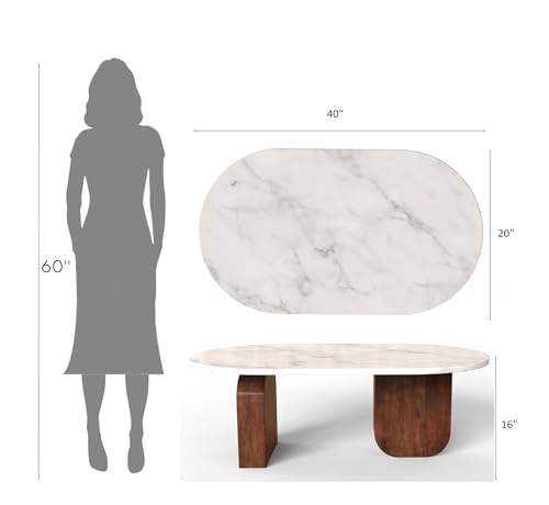 Image of Gharaana Ohana Wooden Modern Centre Table for Living Room (40x20x16 inch) Solid Mango Wood, White Marble Top | Chestnut Brown | Rectangular Luxury Coffee Table
