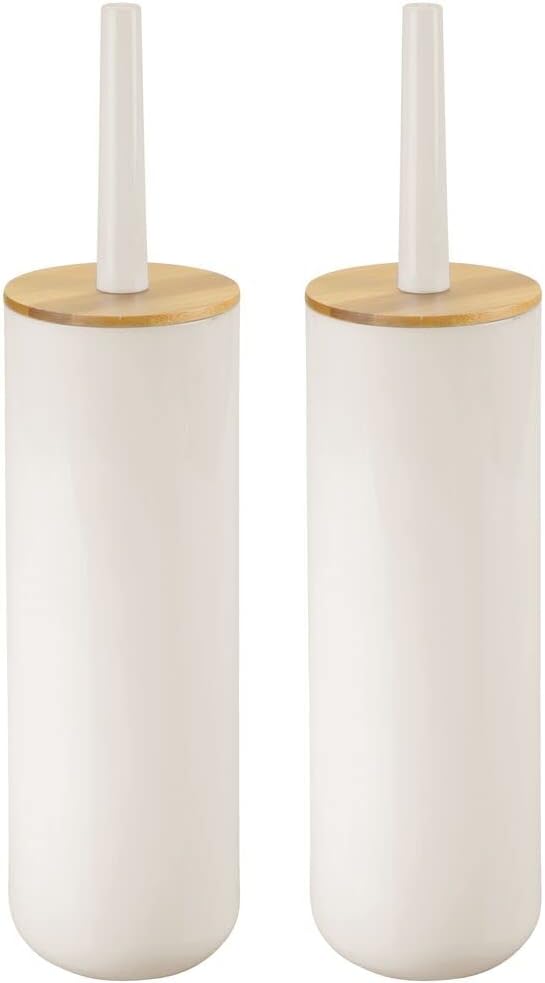 mDesign Plastic Toilet Bowl Brush/Bamboo Lid Cover - 2 Piece Set; Bathroom Storage Organizer Holder; Decor Bathroom Accessories - 2 Pack - Natural/Cream/Beige