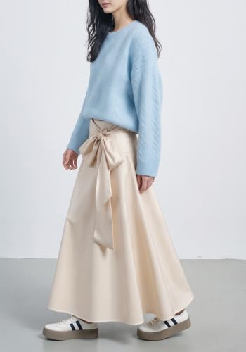 Famnbro Womens Satin Maxi Skirt High Waist Tie Front A-Line Novelty Elegant Work Business Swing Skirts with Pocket4