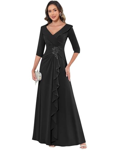 Modest Long Mother of The Bride Dresses V Neck Chiffon Formal Evening Gown