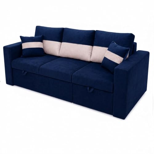 Image of FURNY Soria 4 Seater RHS Lounger Sofa Cum Bed (Dark Blue - Cream) with Pull-Out Function | Luxury Velvet Suede Finish | Durable Comfort | Ideal for Living Room