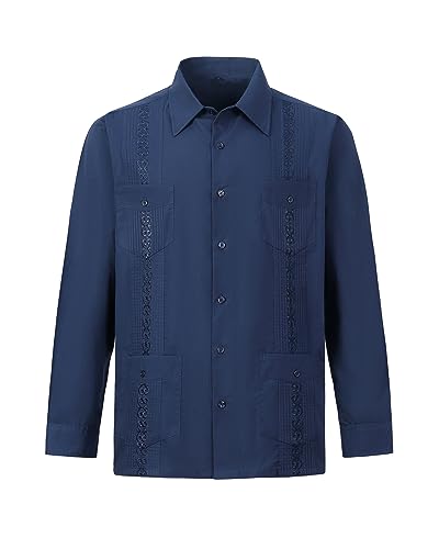 Camisas Guayabera para Hombre, Camisas mexicanas de Manga Larga cubanas para Hombre, Azul Marino, X-Large
