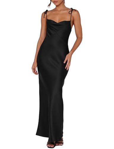 2025 Satin Cowl Neck Spaghetti Strap Slip Maxi Dress for Women Tie Strap Formal Wedding Guest Dresses with Slit