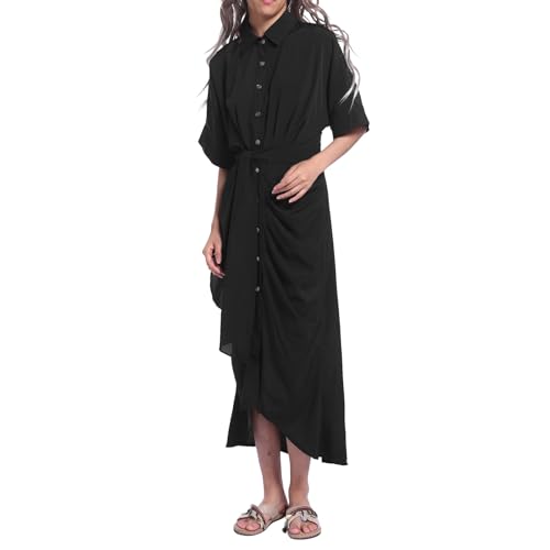 Vestido maxi de mujer 2026 para mujer, de verano, elegante, monocromo, de manga corta, con cinturón, algodón, vestido básico de playa negro, Negro , S