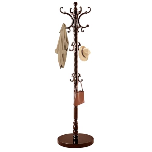 ZIECUKU Wooden Coat Rack Freestanding, Solid Wood Coat Rack Stand with 14 Hooks, Vintage Heavy Duty Standing Coat, Sturdy Jacket Hanger Tree Stand for Corner, Office, Entryway