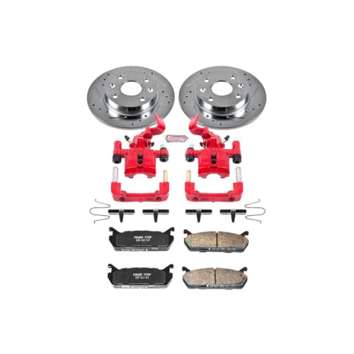 Image of PowerStop Rear Brake & Caliper Kit for Mazda Miata 1990-93 - Carbon-Fiber Ceramic Brake Pads + Drilled & Slotted Rotors + Red Powder Coated Calipers, KC719