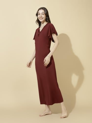 Image of 9shines Label Stylish Soft Modal Maxi Nighty | Honeymoon Nighty | Full Length Trendy Nightgown | V-Neck Lace | Premium Nightdress | Soft Long Nightdress | Maxi Gown Nightwear for Women (Malai Satin)
