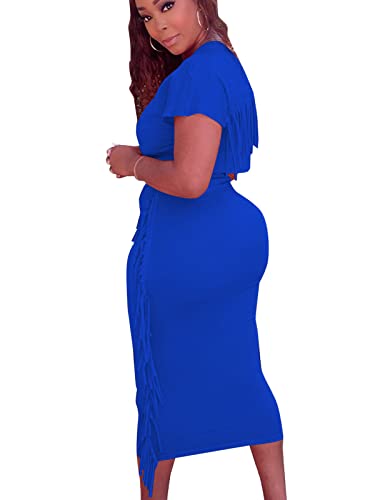 Sexy Summer Two Piece Outfits for Women Bodycon Club Dresses Tassel Ruched Crop Tops Cocktail Party Midi Skirt Set2