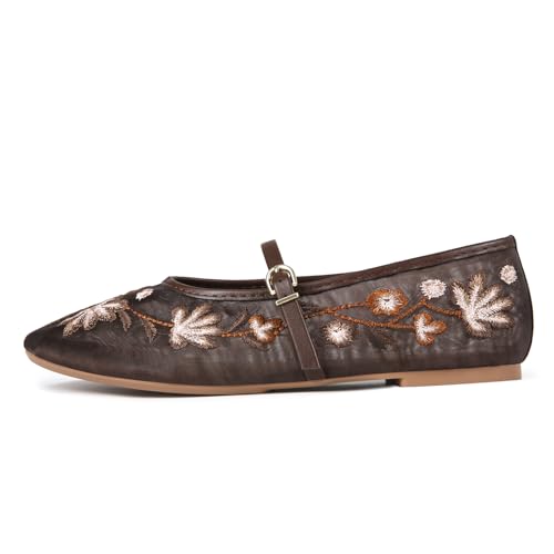 Image of MRKEWUNEY Mesh Ballet Flats for Women Embroidered Floral Round Toe Mary Jane