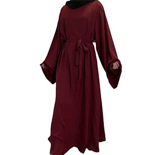 Robe longue Abaya Dubaï rouge en taille L avec ceinture assortie pour femme