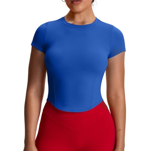 Aoxjox Women's Short Sleeve T-Shirts GEO Baby Tee Workout Gym Yoga Crop Top Without Built-in Bra (Directoire Blue, Large)
