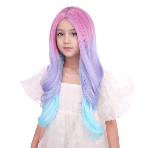 Image of Rainbow Wig for Kids Long Colorful Middle Part Wig for Girls Multi-color Wavy Curly Wigs for Children Purple Pink Wigs Heat Resistant Synthetic Hair with Cap