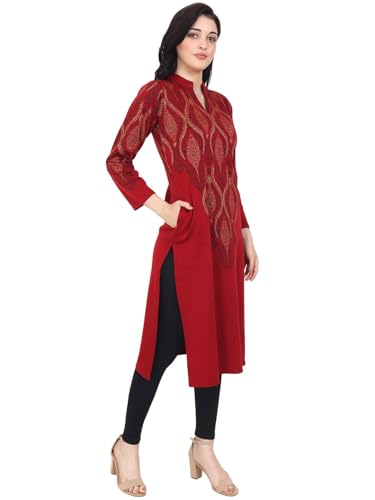 Image of Rosary Women's Winter Woolen Kurti Embroidered Straight Fit Ethnic Wear with 2 Side Pockets