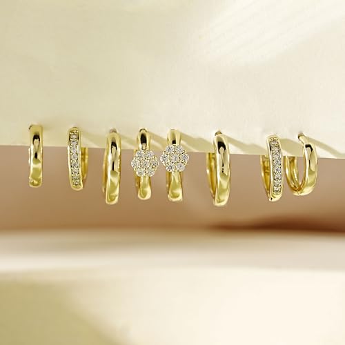 Image of 4Pairs Statement Gold Hoop Earrings for Women Trendy,Surgical Steel Gold Plated Hoop Hypoallergenic Earrings Set,Titanium Hoops Earring Stacks,CZ Cartilage Huggie Hoops Earring Gifts for Girlfriend