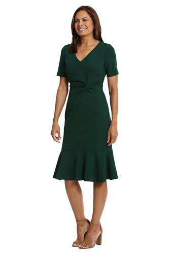 Image of London Times Women's V-Neck Dress - Flounce Hem, Twist Waist, Elegant Office & Event Wear