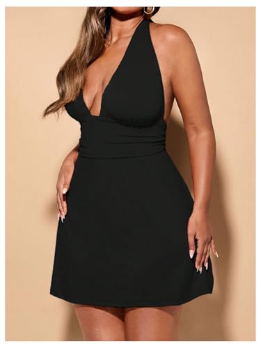 Floerns Women's Plus Size Deep V Neck Halter Dress Tie Back Sleeveless Mini Dresses3