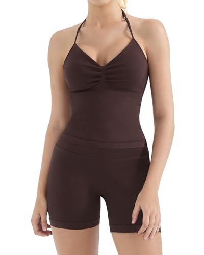 SUUKSESS Women Halter Backless Sports 2 Piece Sets Seamless Padded Ribbed Workout Set Gym Yoga Bra