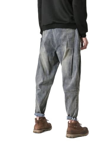 Men's Japanese Cargo Jeans Wide Leg Loose Baggy Harem Pants Elastic Waist Capri Pants3