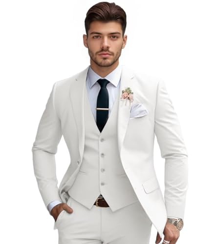 Lipoon Mens Suits 3 Piece Slim Fit Suit Set Solid Two Button Blazer Jacket Vest Pants Tuxedo Set for Wedding Groomsmen Business Prom Party(Large,Ivory)