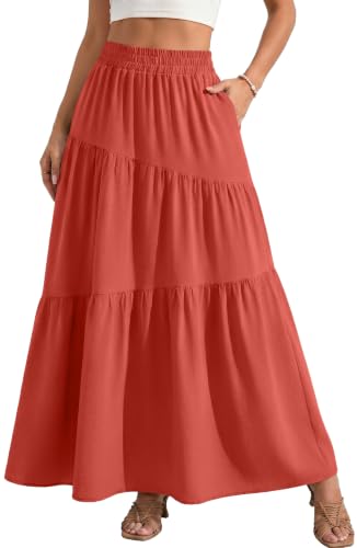 GRECERELLE Maxi Skirt for Women Casual Boho Tiered A-Line Flowy Beach Long Skirts with Pockets for Summer Beach Vacation, Living Coral, XS