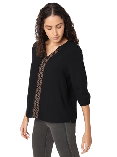 Image of VERO Moda Women's Cotton Regular Bishop Sleeves Embroidered Monochrome Top | Mandarin Collar | V-Neckline | Black Top for Women